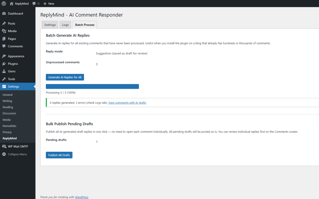 Batch Process tab - generate replies for all existing comments with a live progress bar.