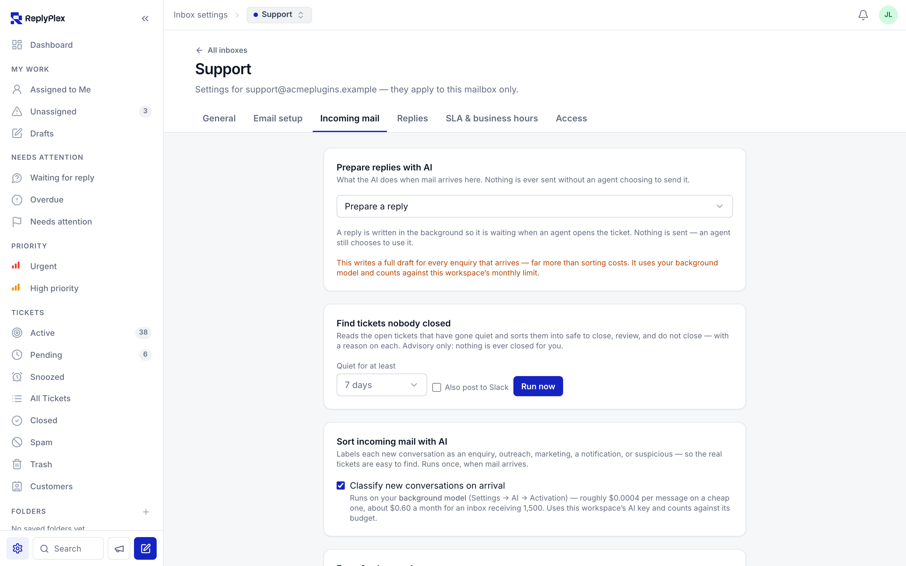 Per-mailbox AI: prepare a reply or reply automatically on arrival, and sort incoming mail.