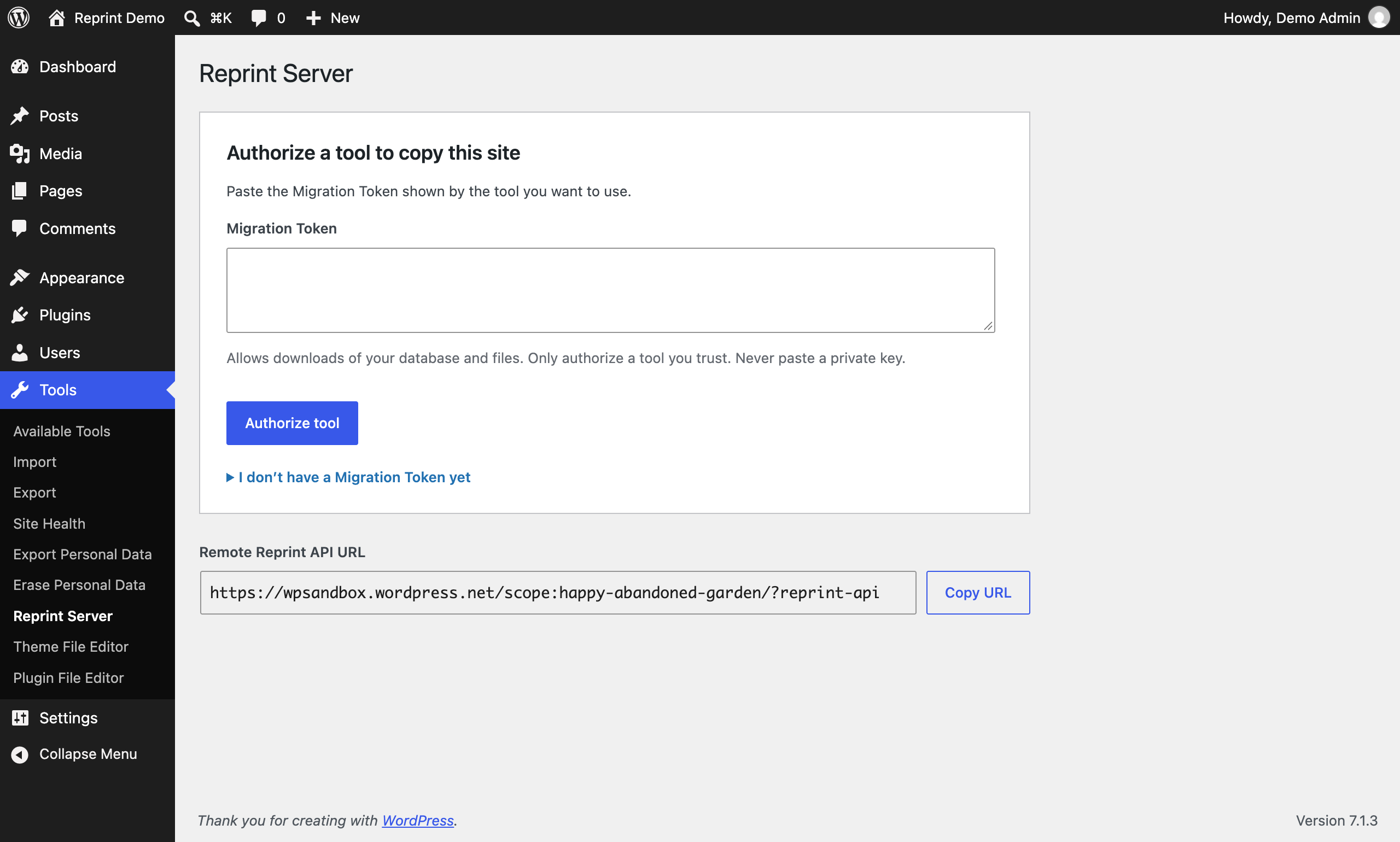 Authorize a tool to copy your site using a Migration Token.