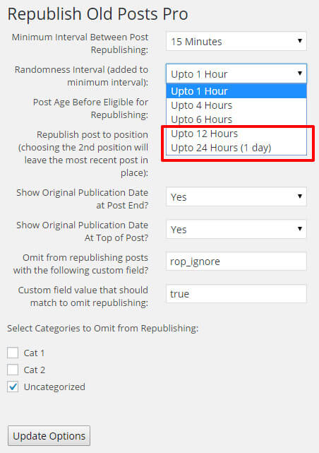 Add a randomness interval to when posts are republished. Options in red are available only in the <a href="https://infolific.com/technology/software-worth-using/republish-old-posts-for-wordpress/#pro-version">pro version</a>.