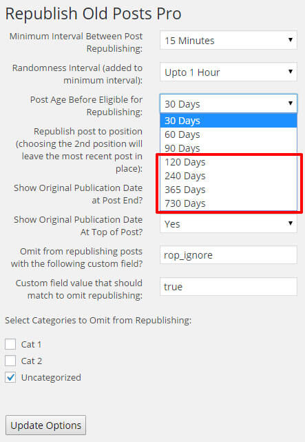 Determine how old posts should be before they're considered for republishing. Options in red are available only in the <a href="https://infolific.com/technology/software-worth-using/republish-old-posts-for-wordpress/#pro-version">pro version</a>.