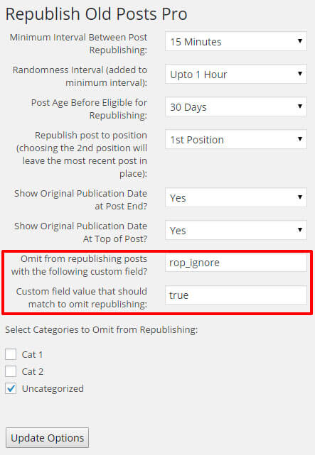 Ability to specify a post-level, custom field to exclude posts from ever being republished. This option available only in the <a href="https://infolific.com/technology/software-worth-using/republish-old-posts-for-wordpress/#pro-version">pro version</a>.