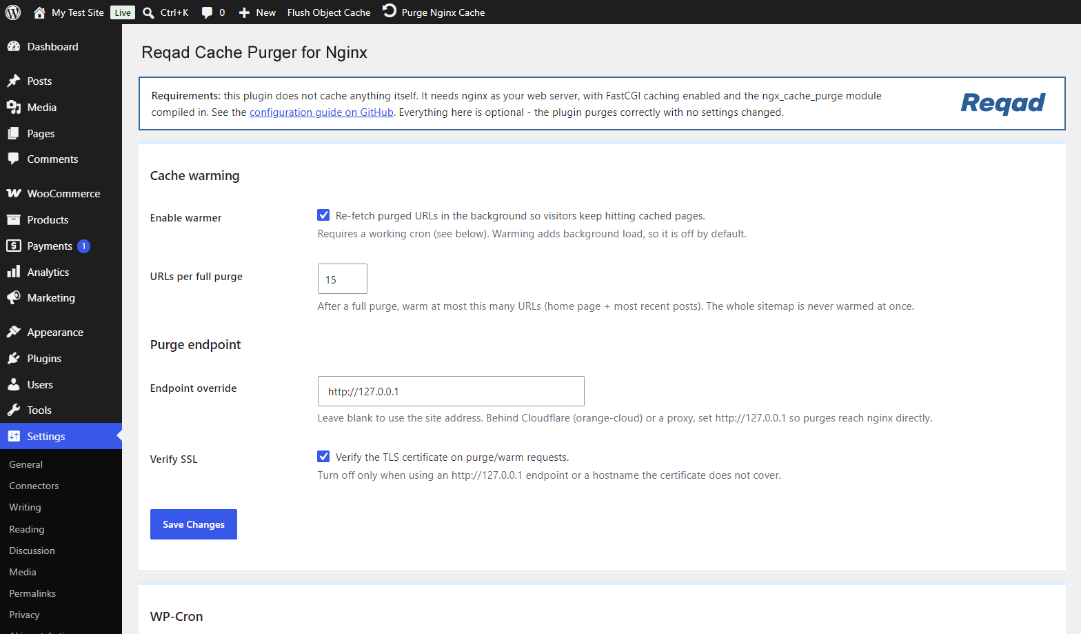 The Settings page: the requirements banner, optional cache warmer, purge-endpoint override, WP-Cron helper and one-click cache self-test.