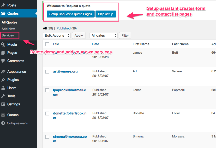 Quote request admin - Accept and store quote requests