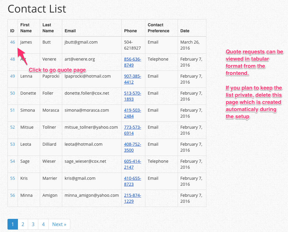 Quote request list in a tabular form