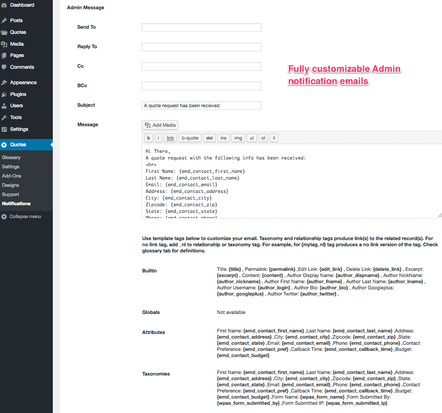 Fully customizable quote request received notification emails for admins