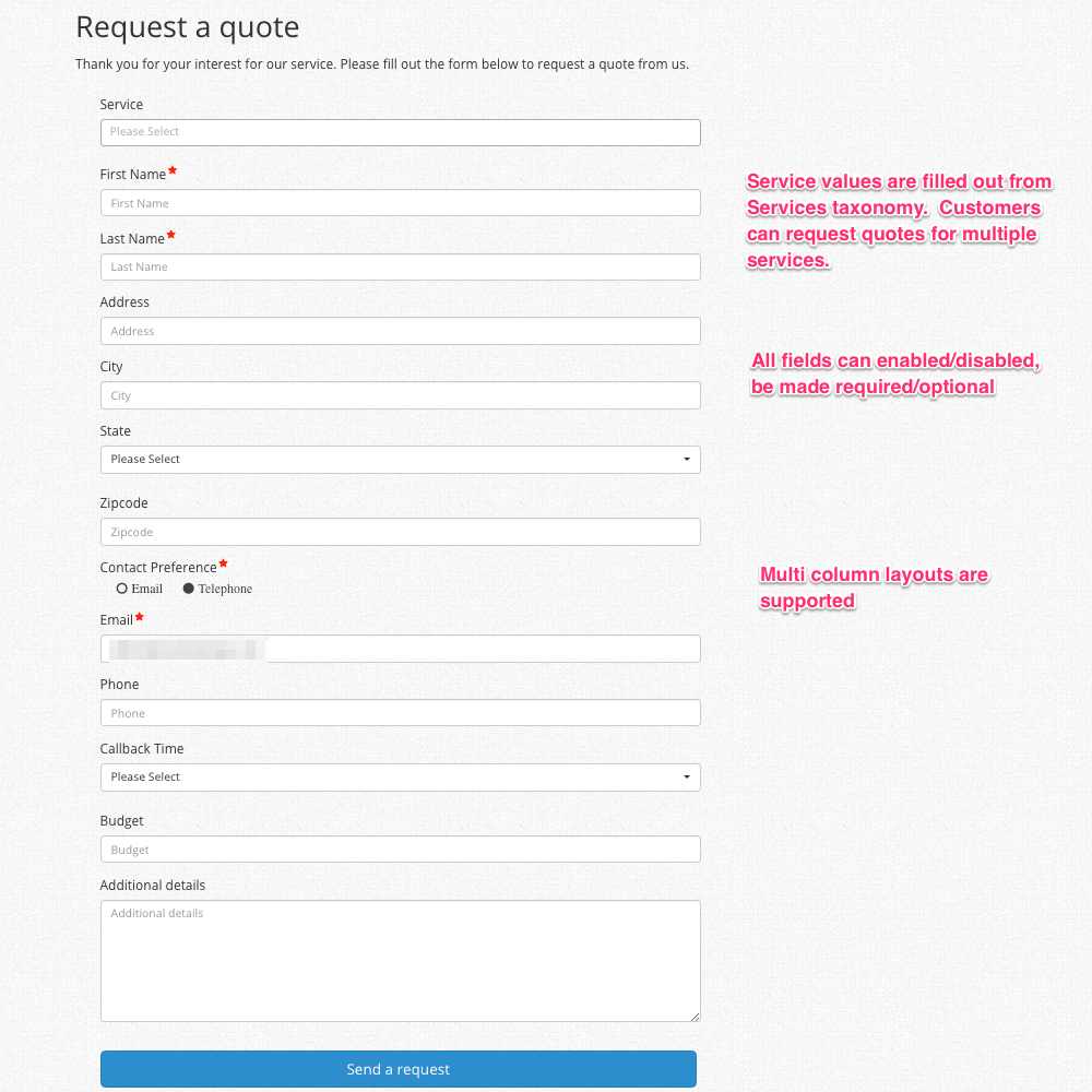 Responsive quote request form