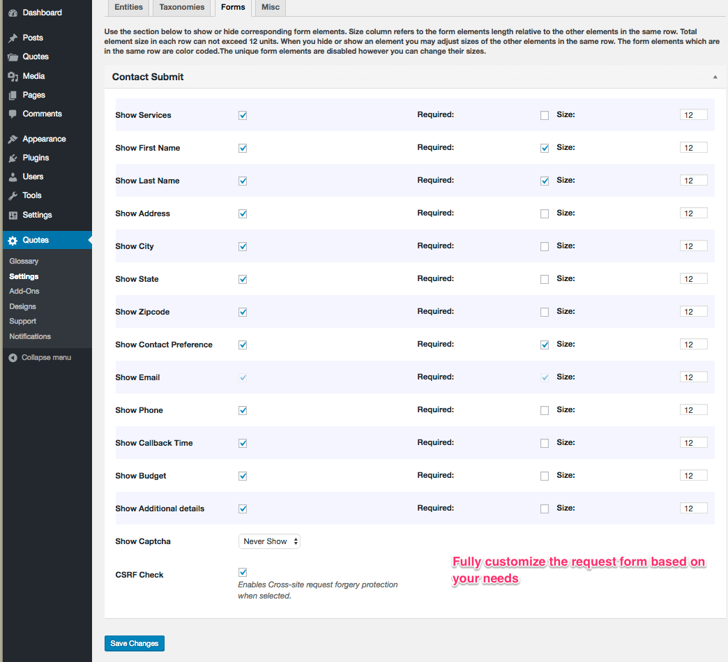 Customize the quote request form based on your needs