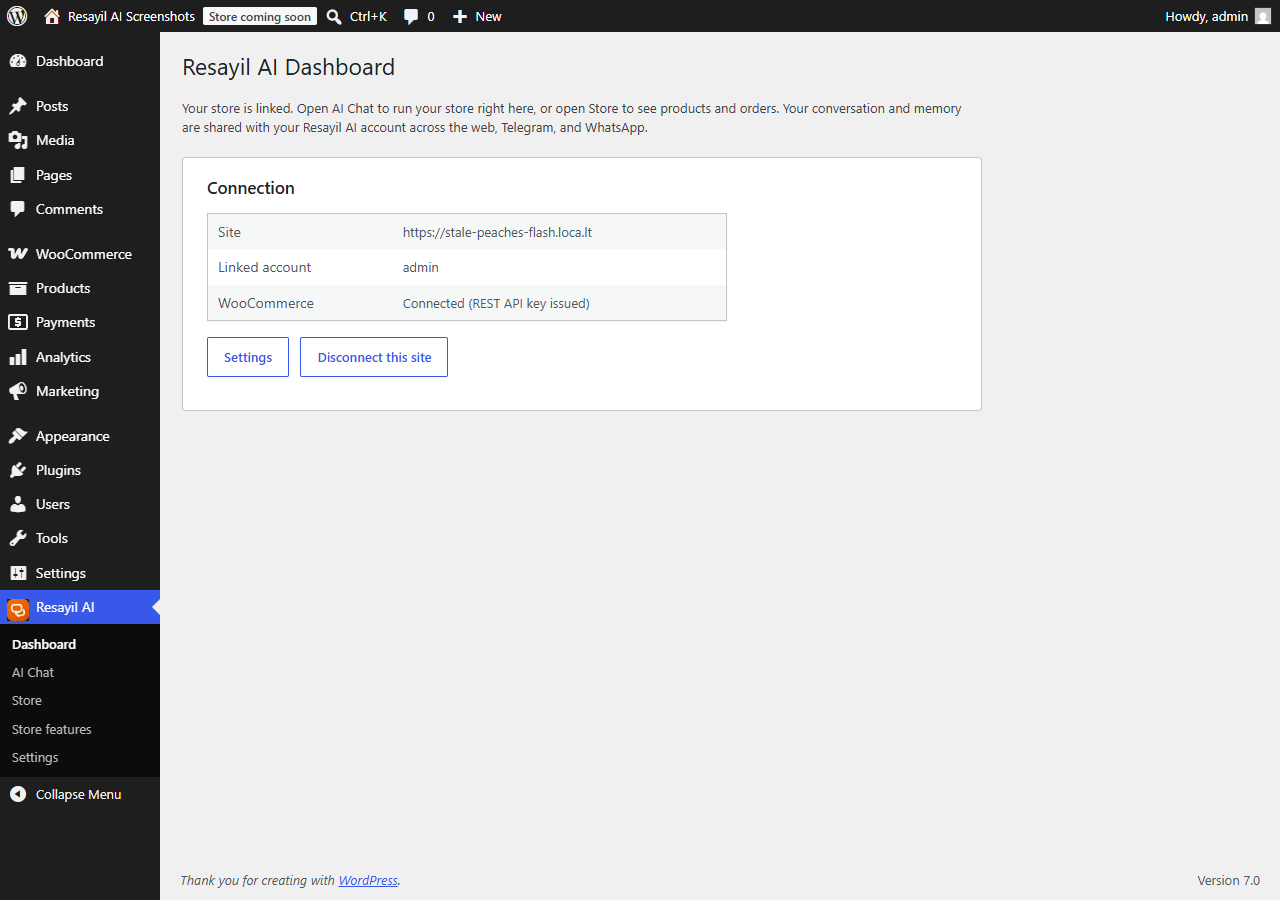 The Resayil AI dashboard after connecting: your site, linked account, and WooCommerce status at a glance.