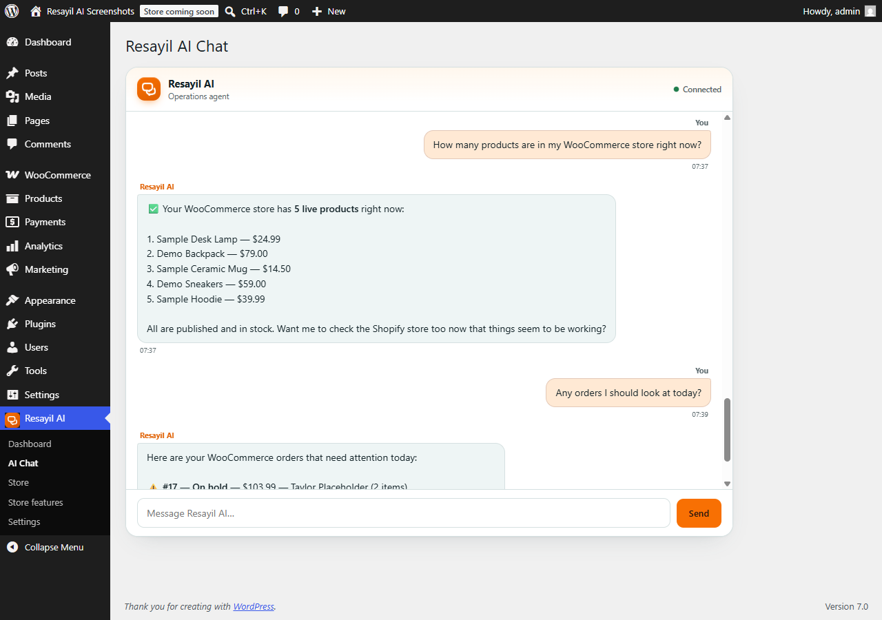 AI chat inside your WordPress admin: ask about your products and orders in plain language and get live answers.