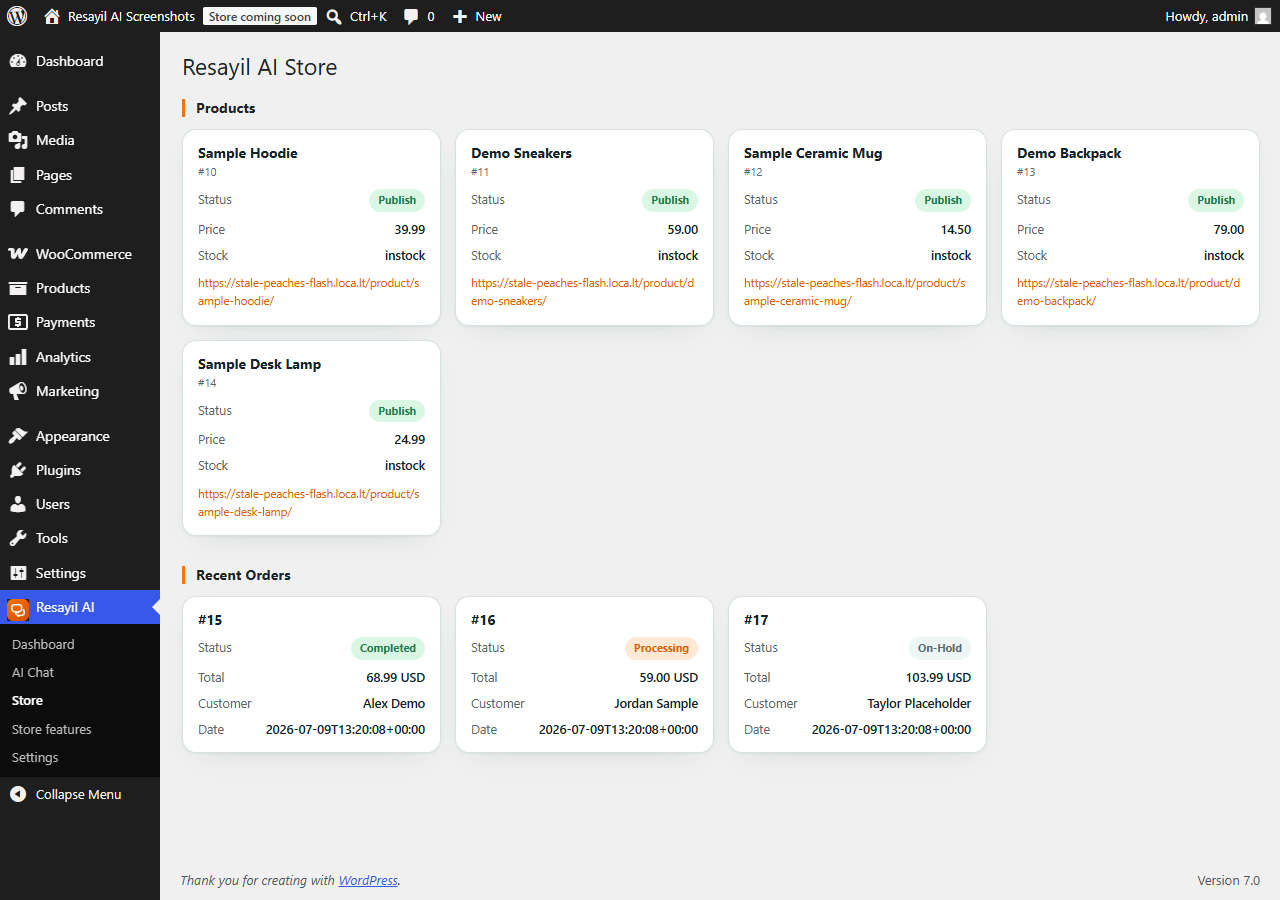 The Store panel: your WooCommerce products and recent orders, right next to the chat.