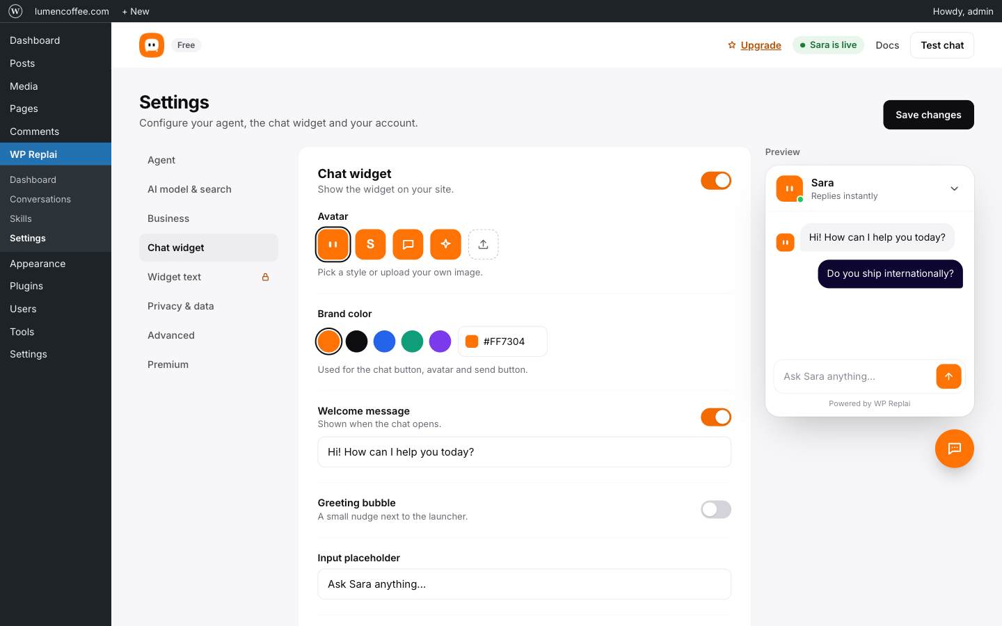 Settings for your agent, AI model, chat widget and privacy.