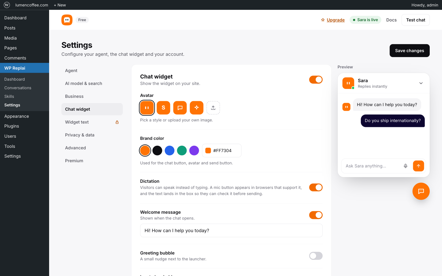 Settings for your agent, AI model, chat widget and privacy.