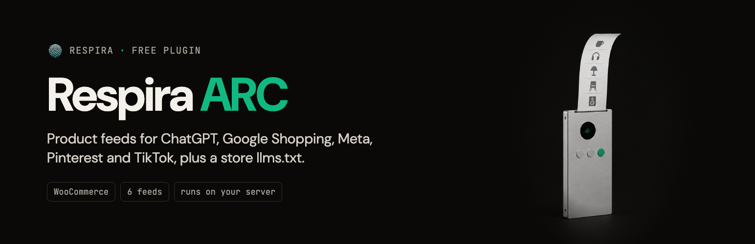 WordPress 外掛 Respira ARC: AI Product Feeds for WooCommerce (ChatGPT, Google Shopping, llms.txt) 的封面圖片