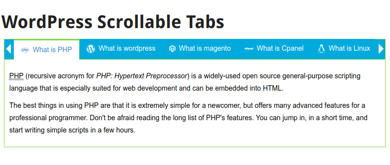 Pro Version WordPress responsive scrollable horizontal tabs