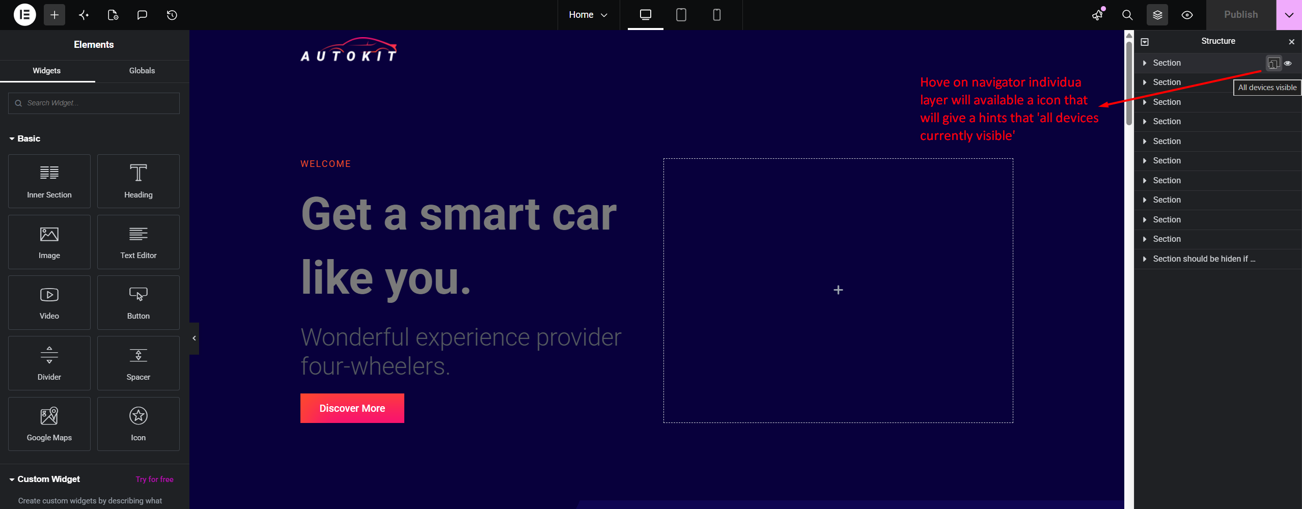 RespSync responsive visibility toggle icon inside the Elementor Structure panel.
