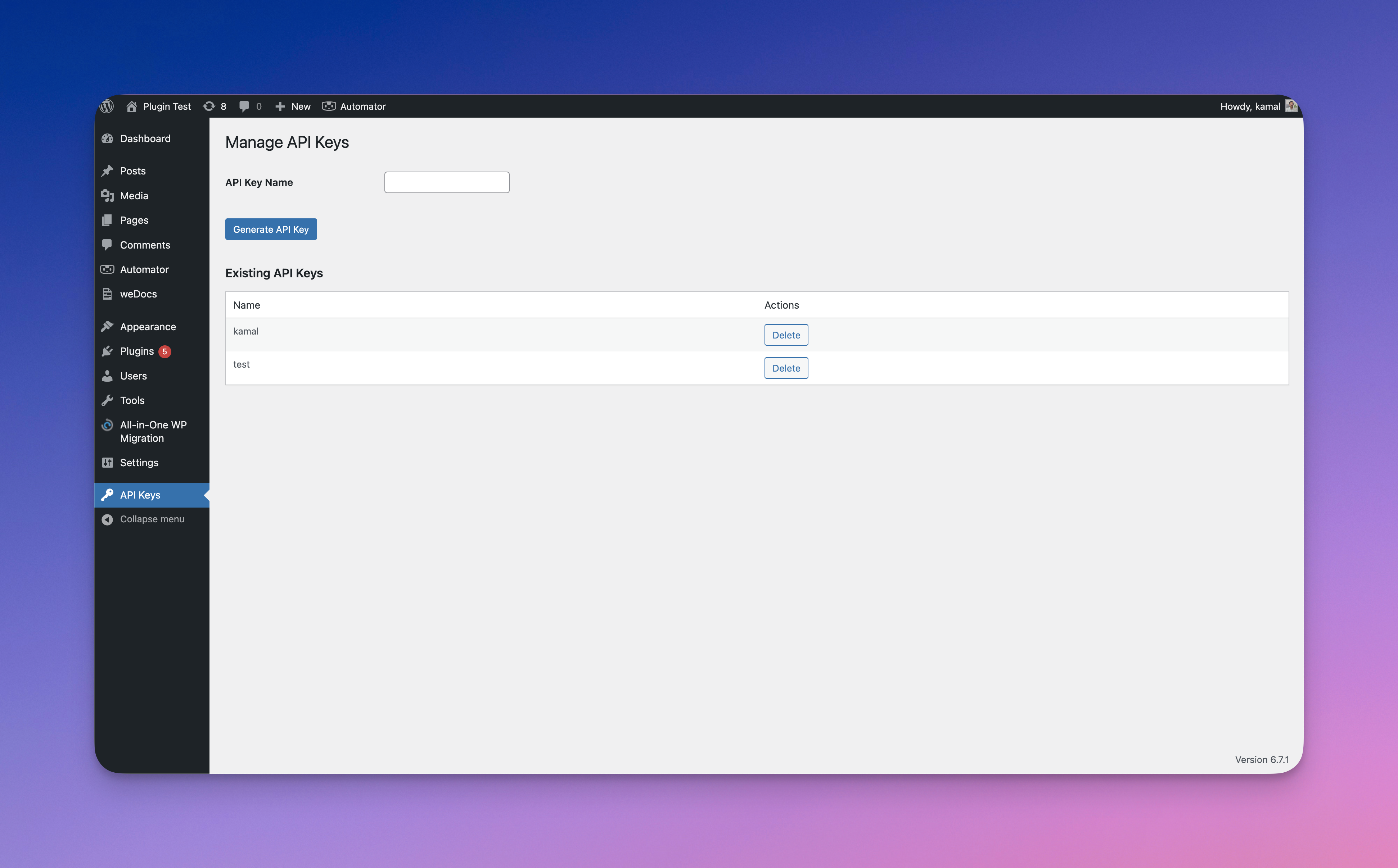 API Key Management Interface
Manage API keys with a simple interface, including options to create and delete keys.