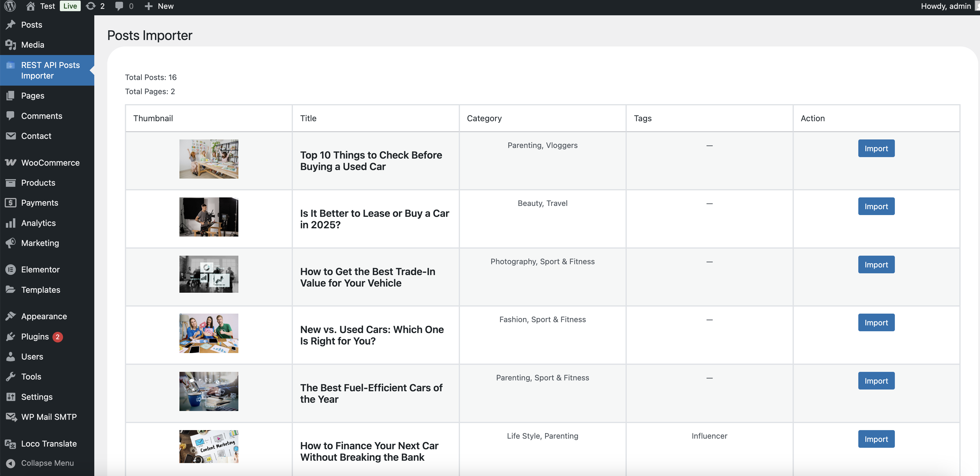 Posts importer interface with pagination and import buttons