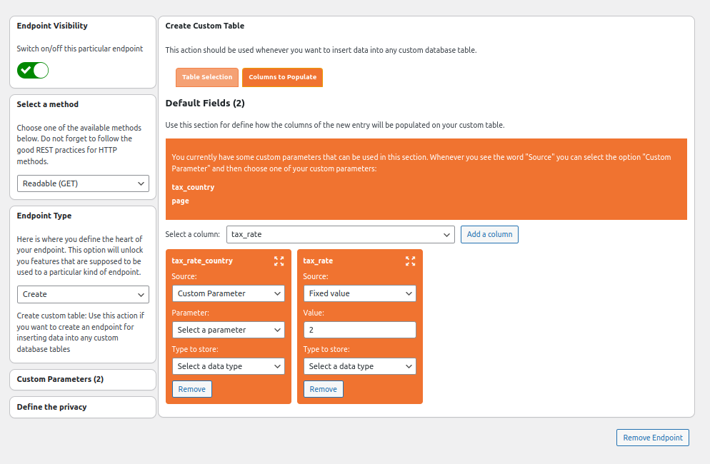 Route for inserting data into custom database tables