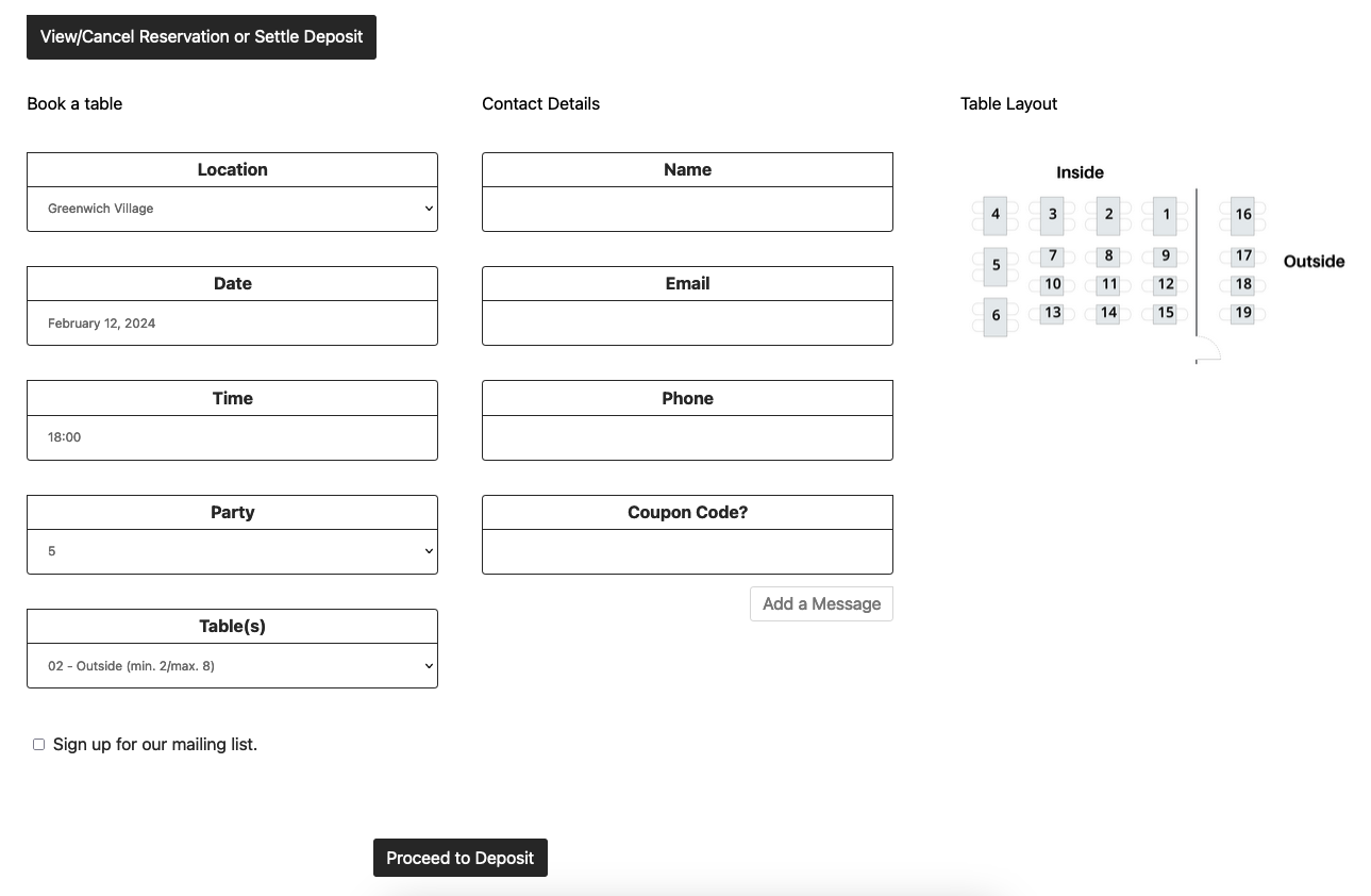 Booking form with Columns Alternate layout, using multiple locations, and showing a table layout graphic.