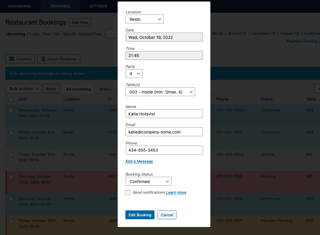 Edit bookings from the admin panel.