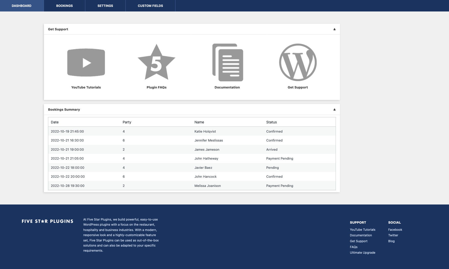 The plugin admin dashboard screen.