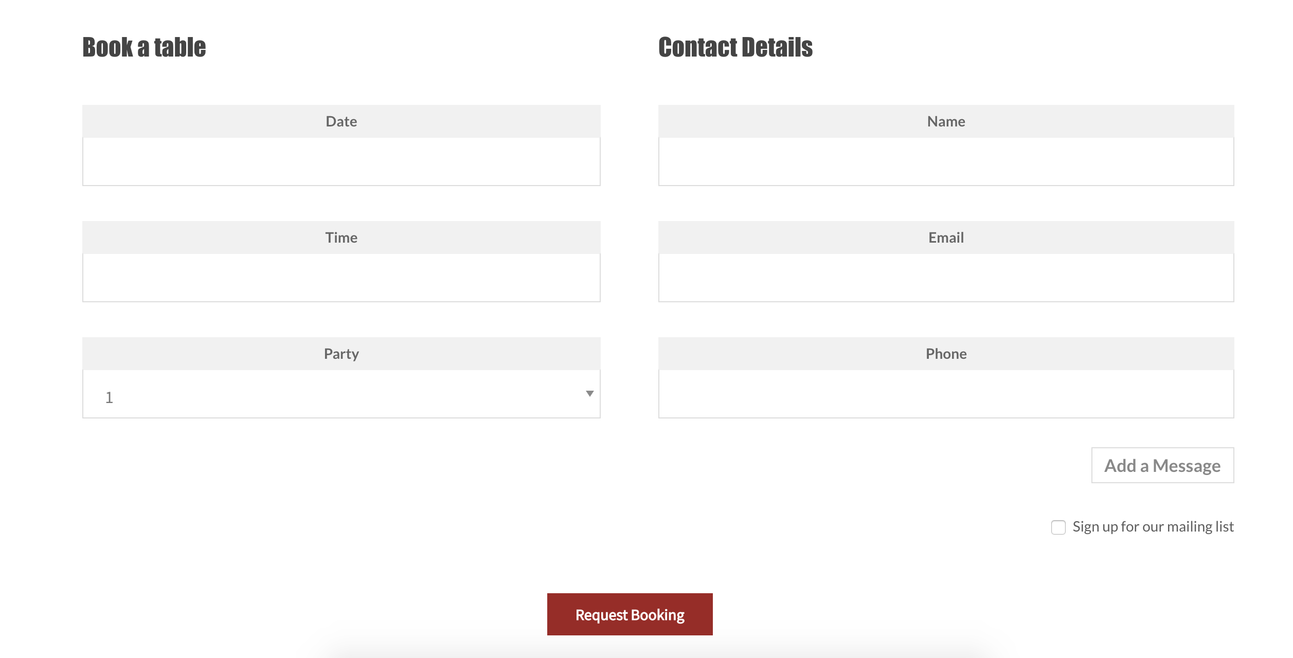 Booking form with the Columns layout.