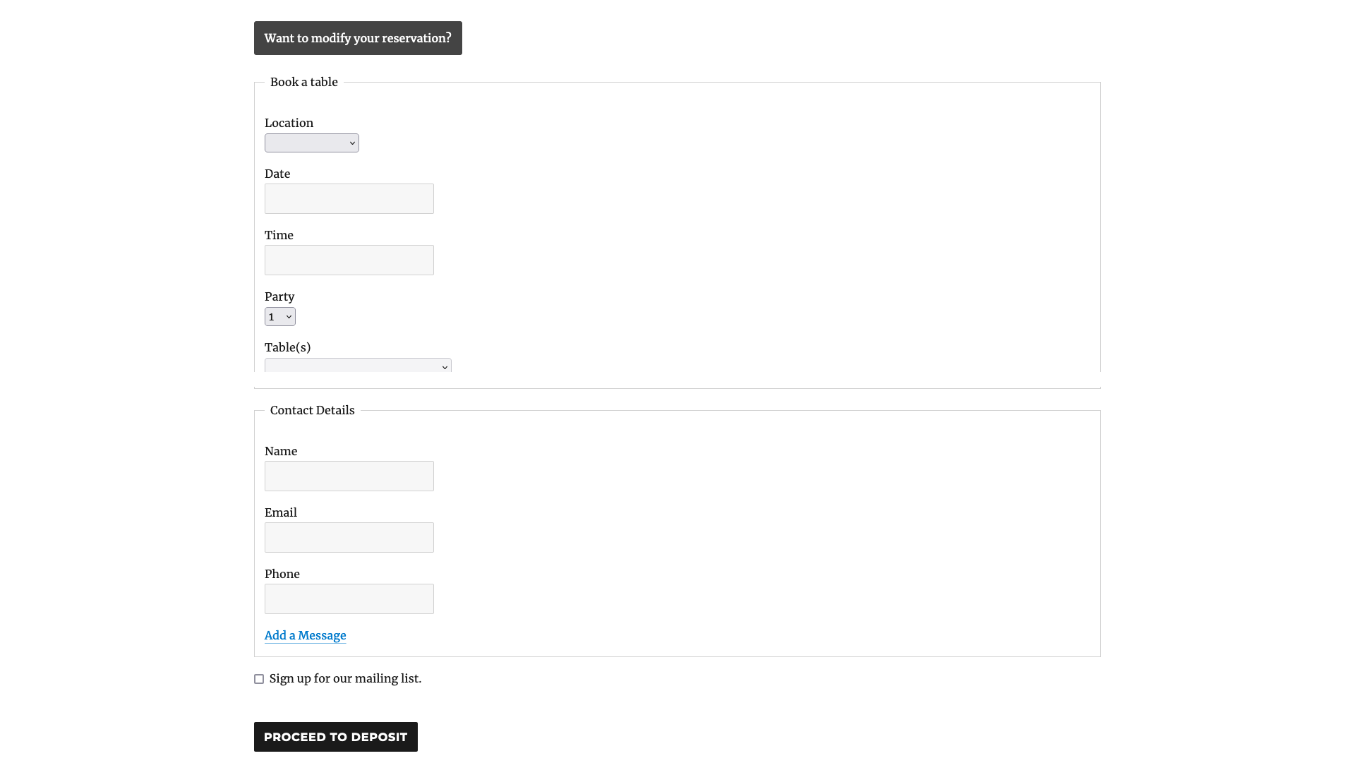 Booking form with the default layout, with multiple locations, tables and deposits enabled.