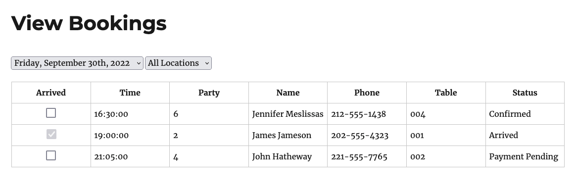 View bookings form, where you can also check guests in as arrived (premium).