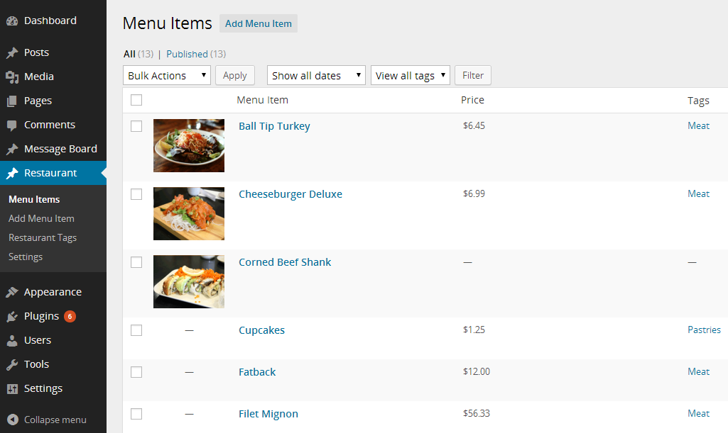 Restaurant menu admin screen