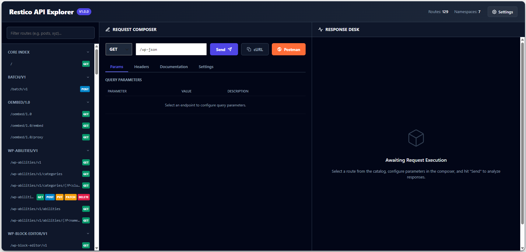 Endpoint Catalog & Request Composer dashboard interface.