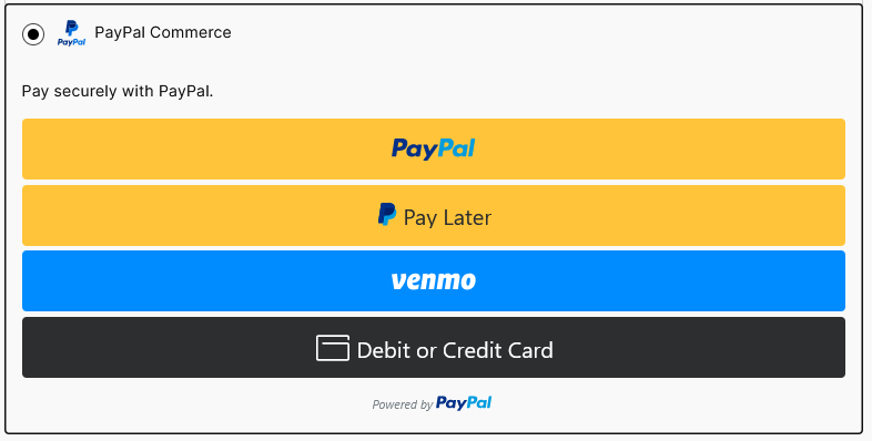 PayPal Checkout options including PayPal, Pay Later, Venmo, and Credit Card