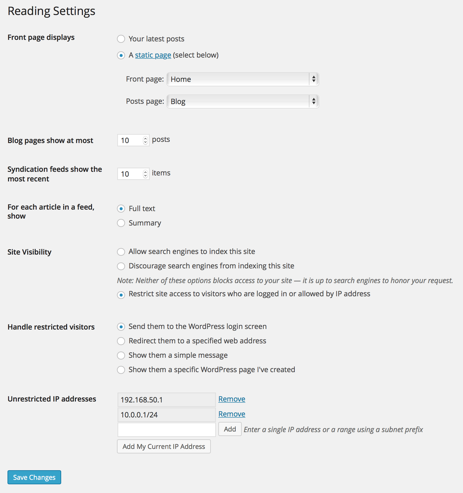 Restricted Site Access settings shown within the Reading Settings in WP Admin