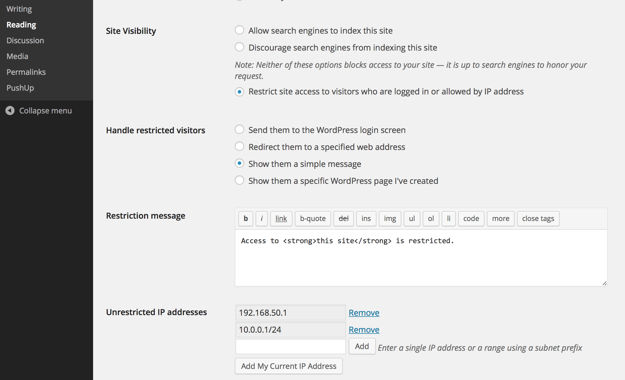 Screenshot of settings panel with restriction message option enabled