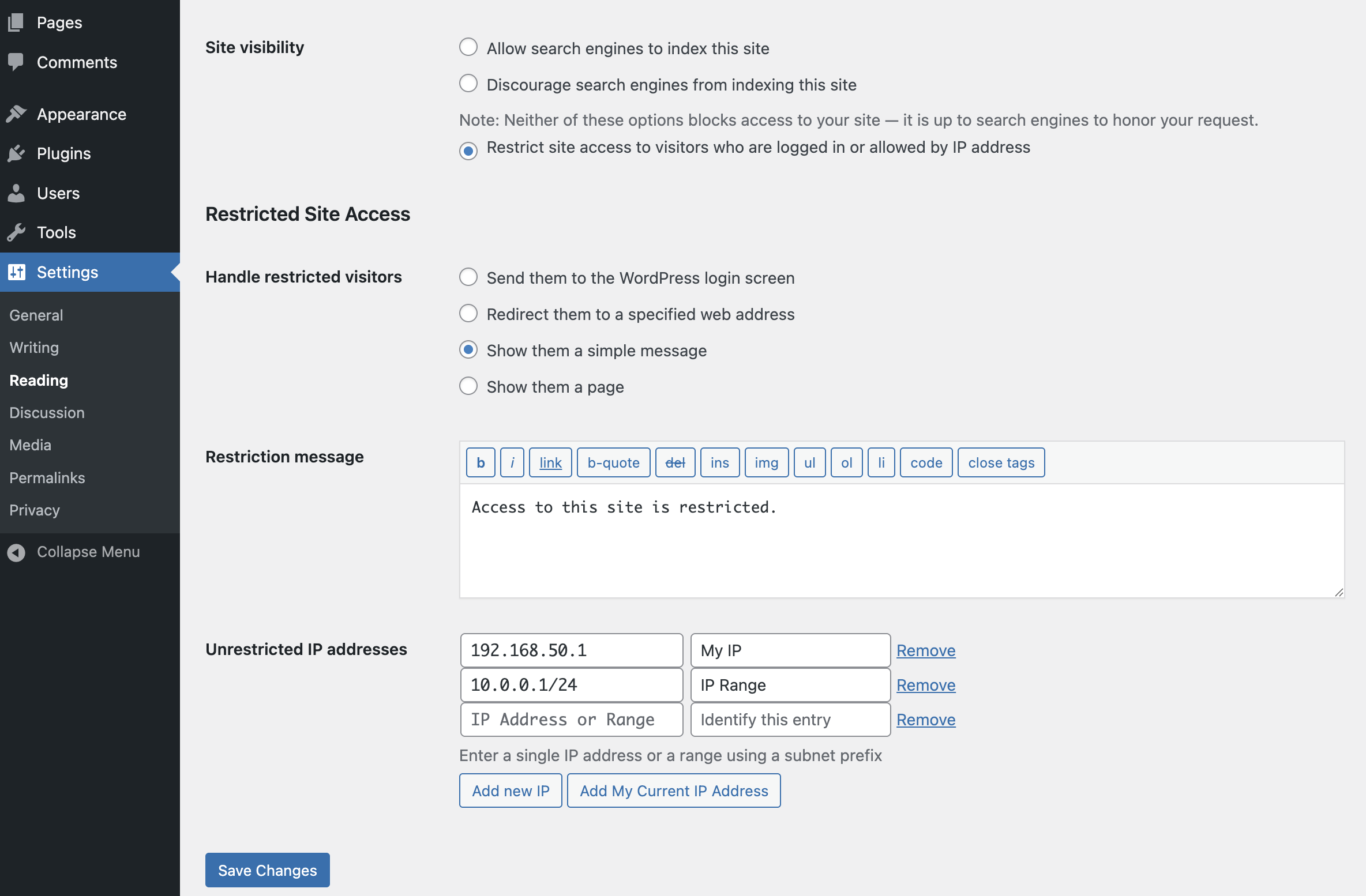 Screenshot of settings panel with restriction message option enabled