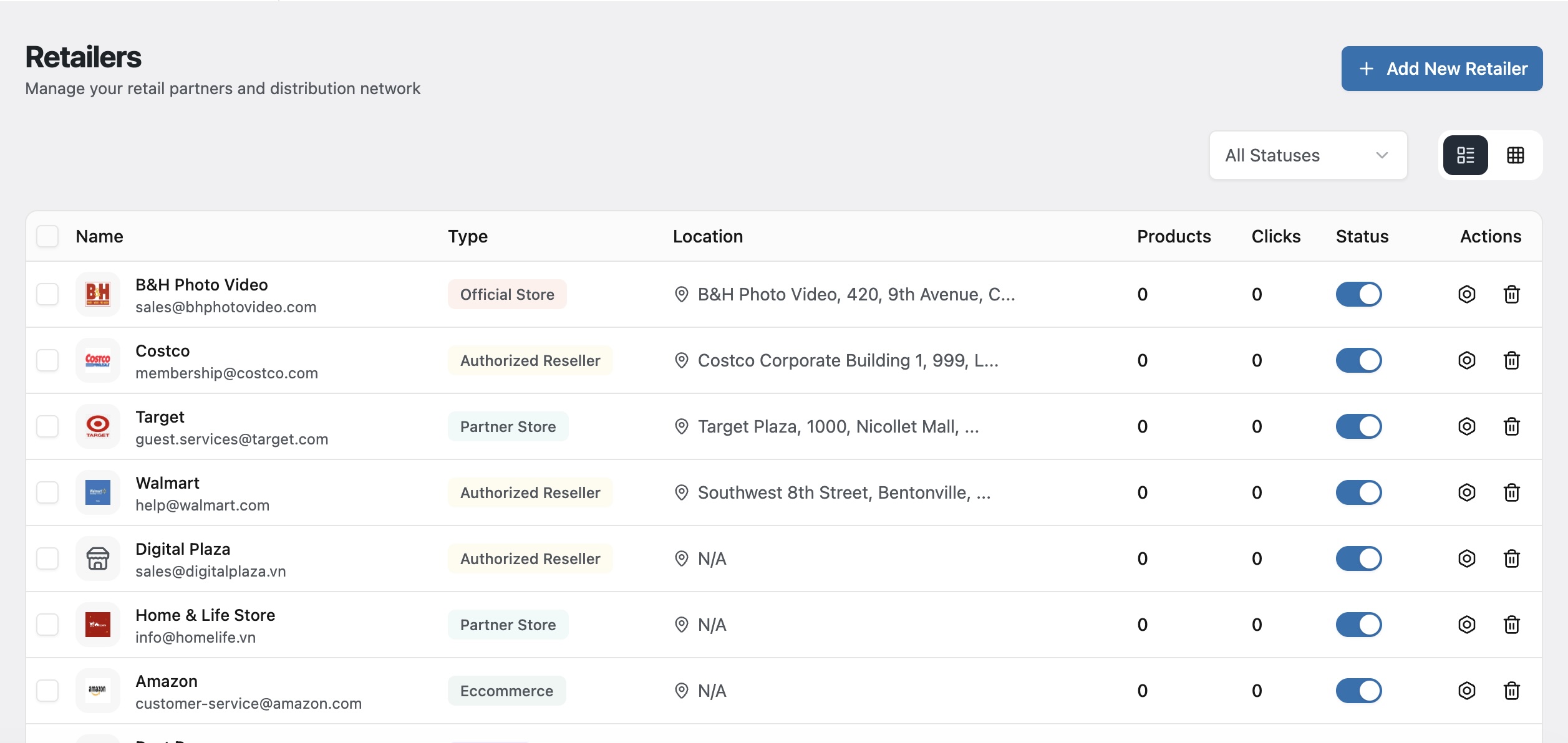 Retailers management screen in the WordPress admin