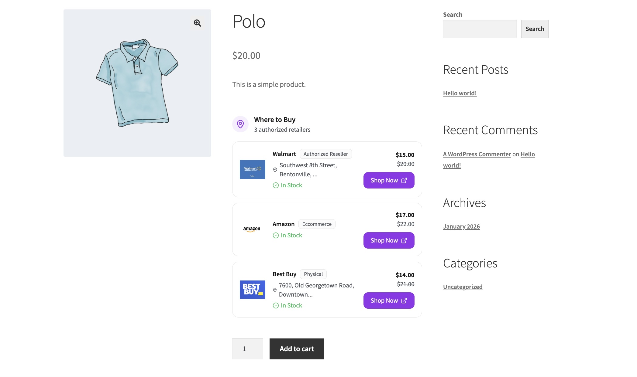 Retailer information displayed on the product page