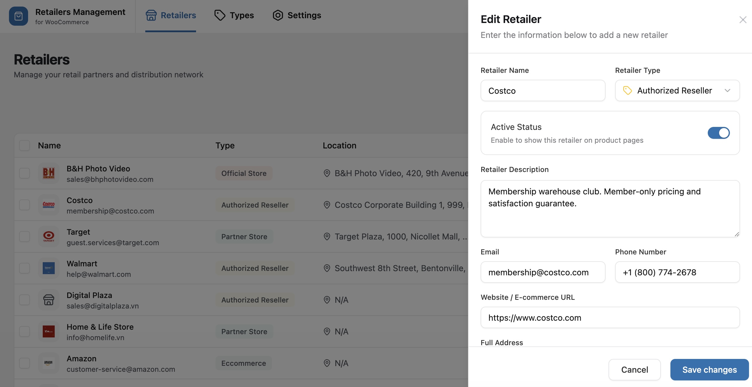 Add/Edit retailer in admin page