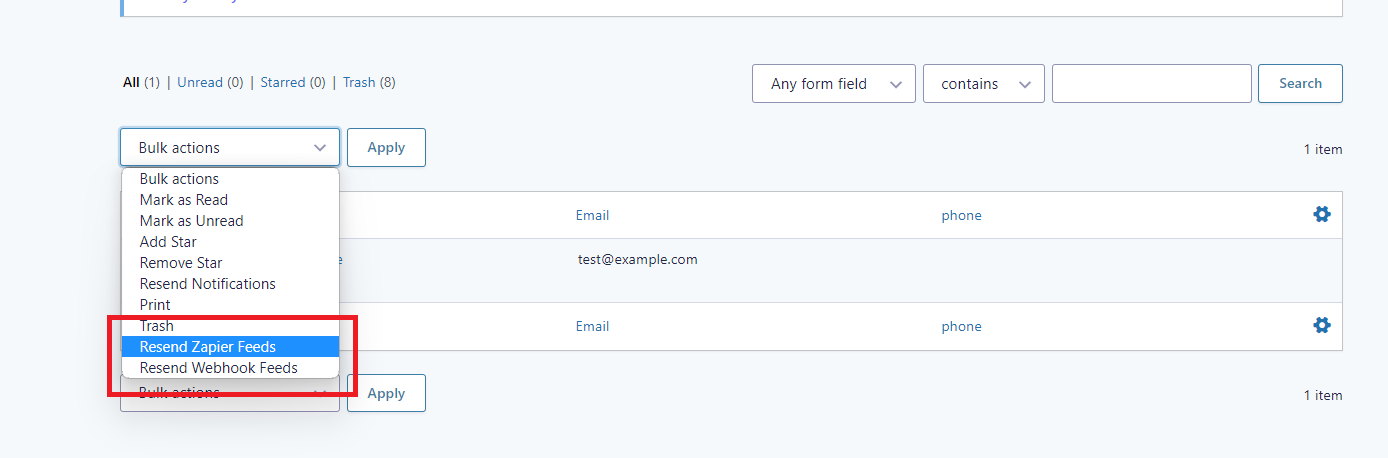 Screenshot is showing Re-submit hooks in bulk in entries page.