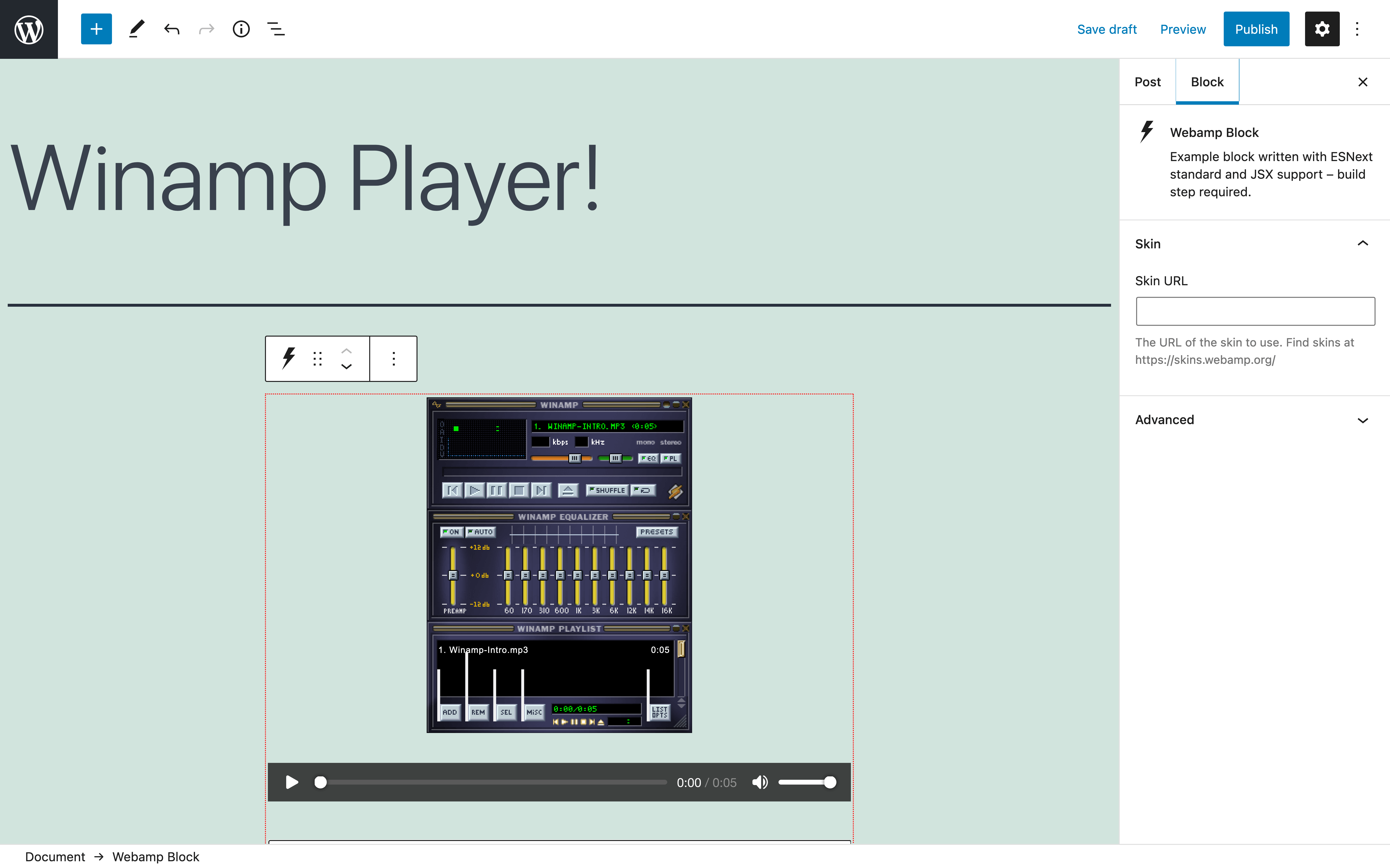 The Winamp player with the base, default skin.