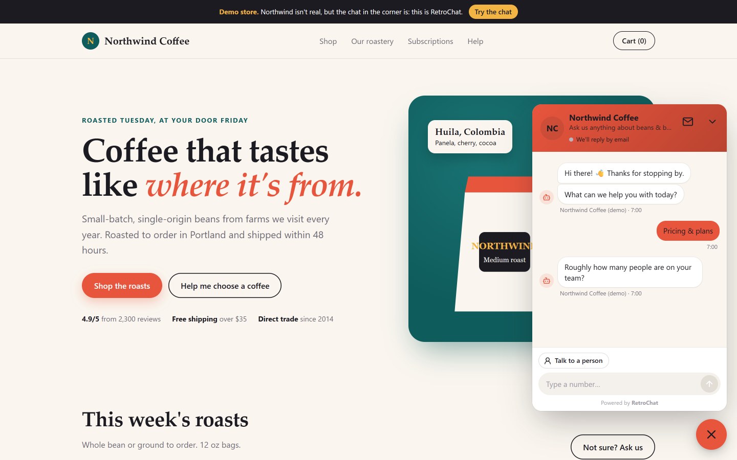 The live chat widget on a website: the no-code chatbot greets visitors and asks questions with quick-reply buttons.