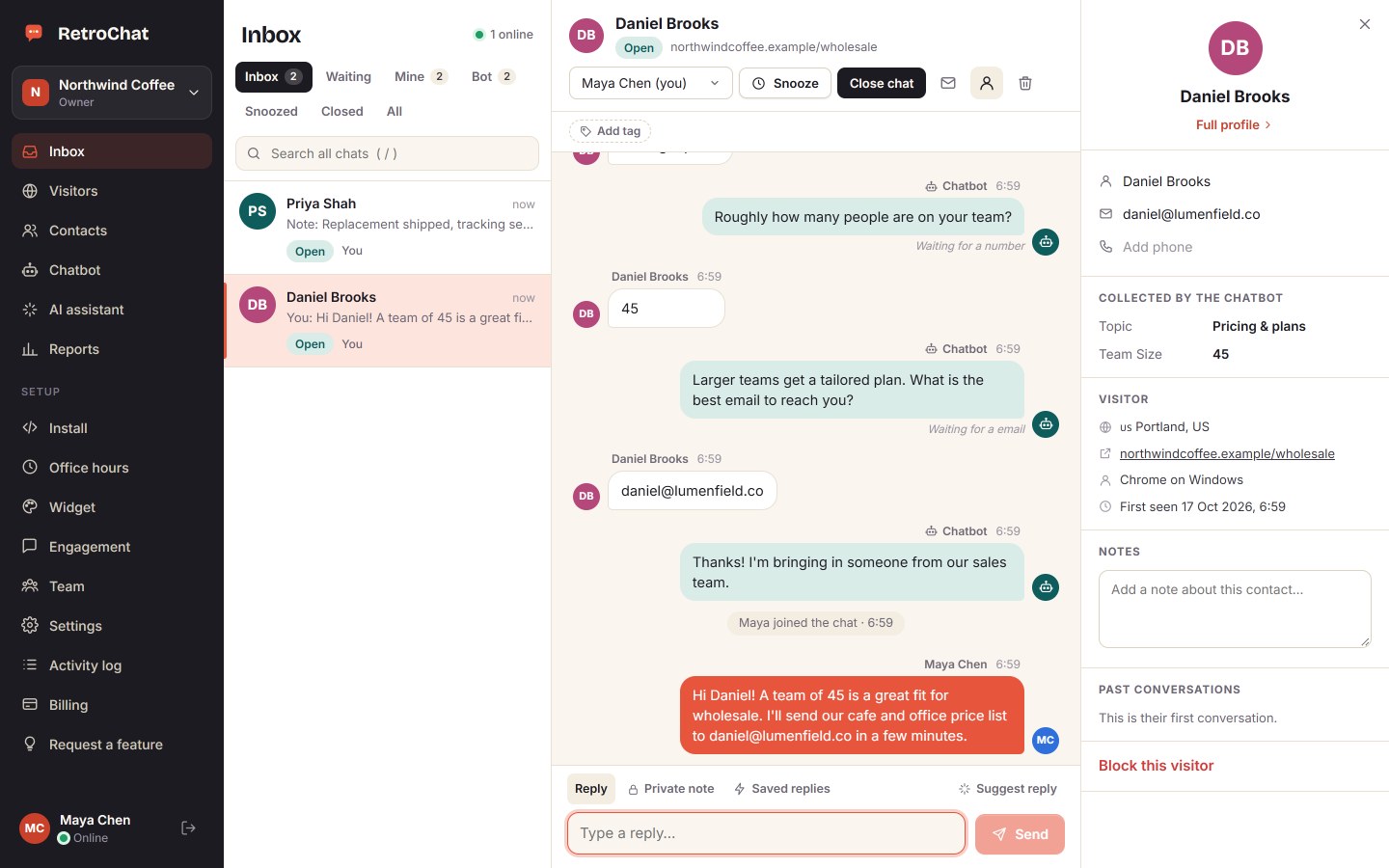 The shared inbox: the whole conversation, everything the chatbot collected and your team's live chat replies.