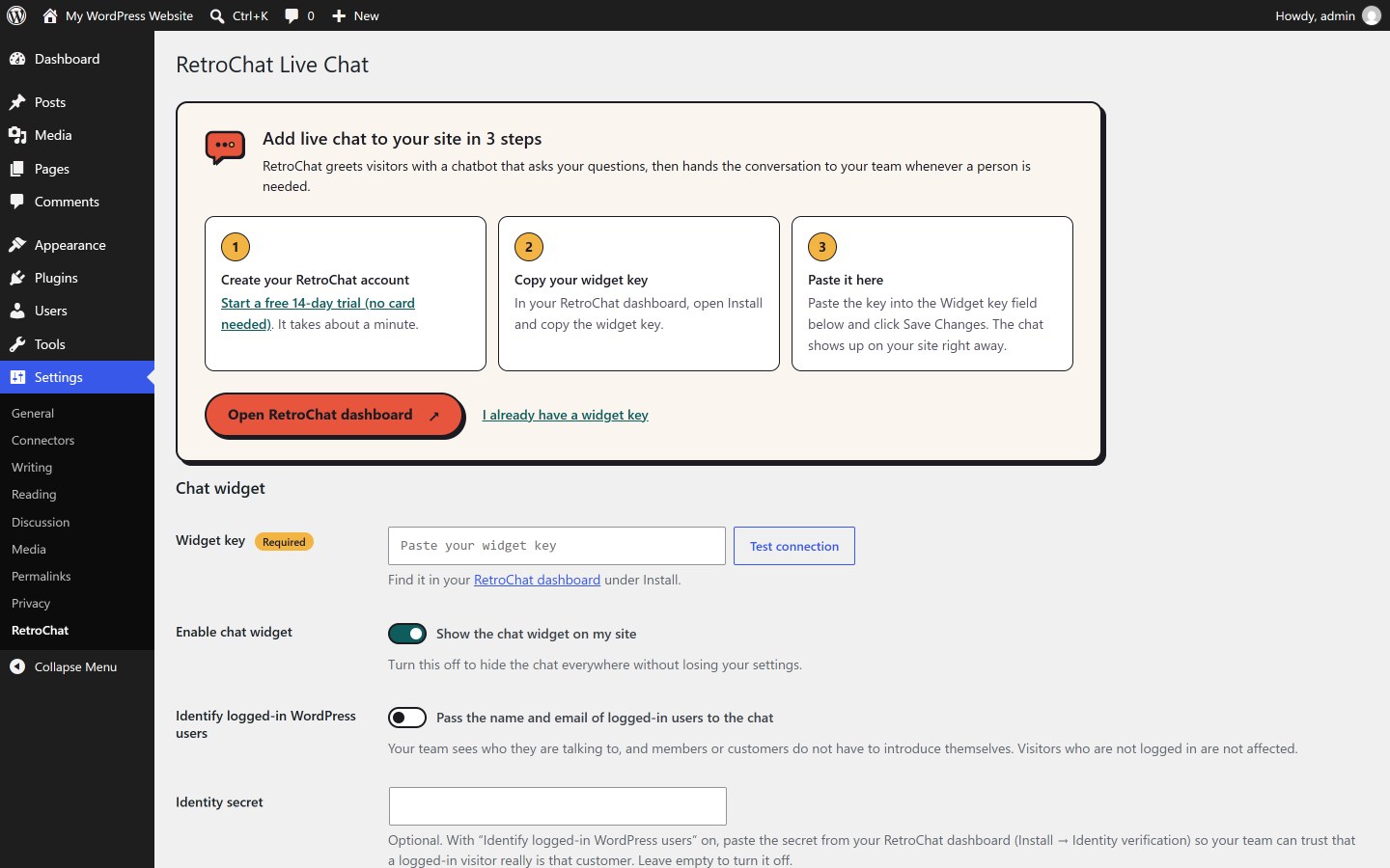 Settings → RetroChat: the three-step setup for new sites.