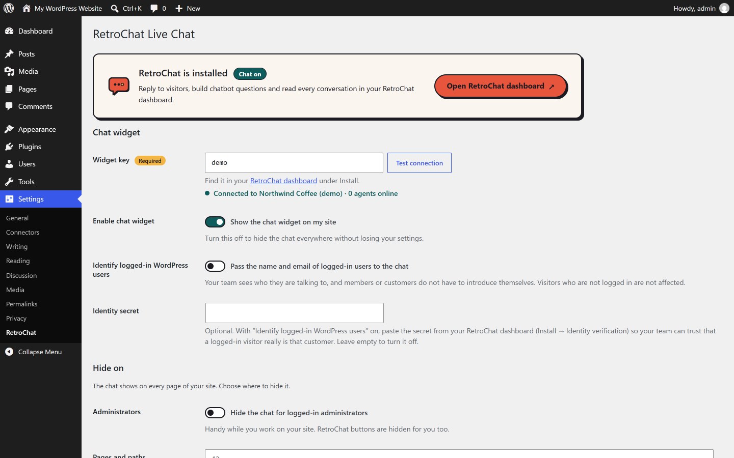 Settings → RetroChat: your widget key, Test connection and where the chat appears.