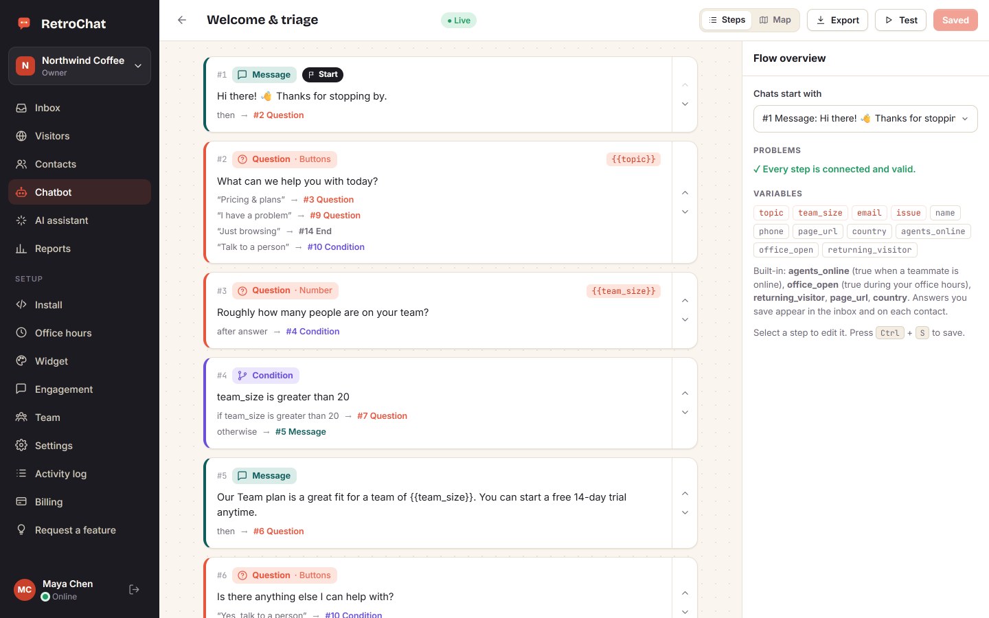 The no-code chatbot builder: questions, IF/ELSE conditions and saved answers.