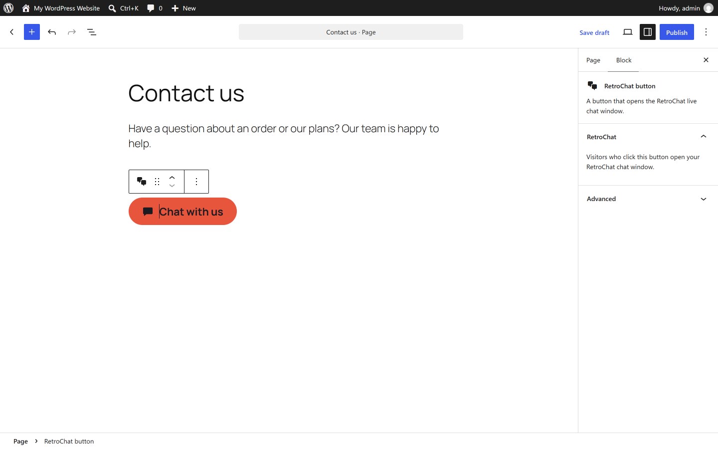 The RetroChat chat button block in the block editor.