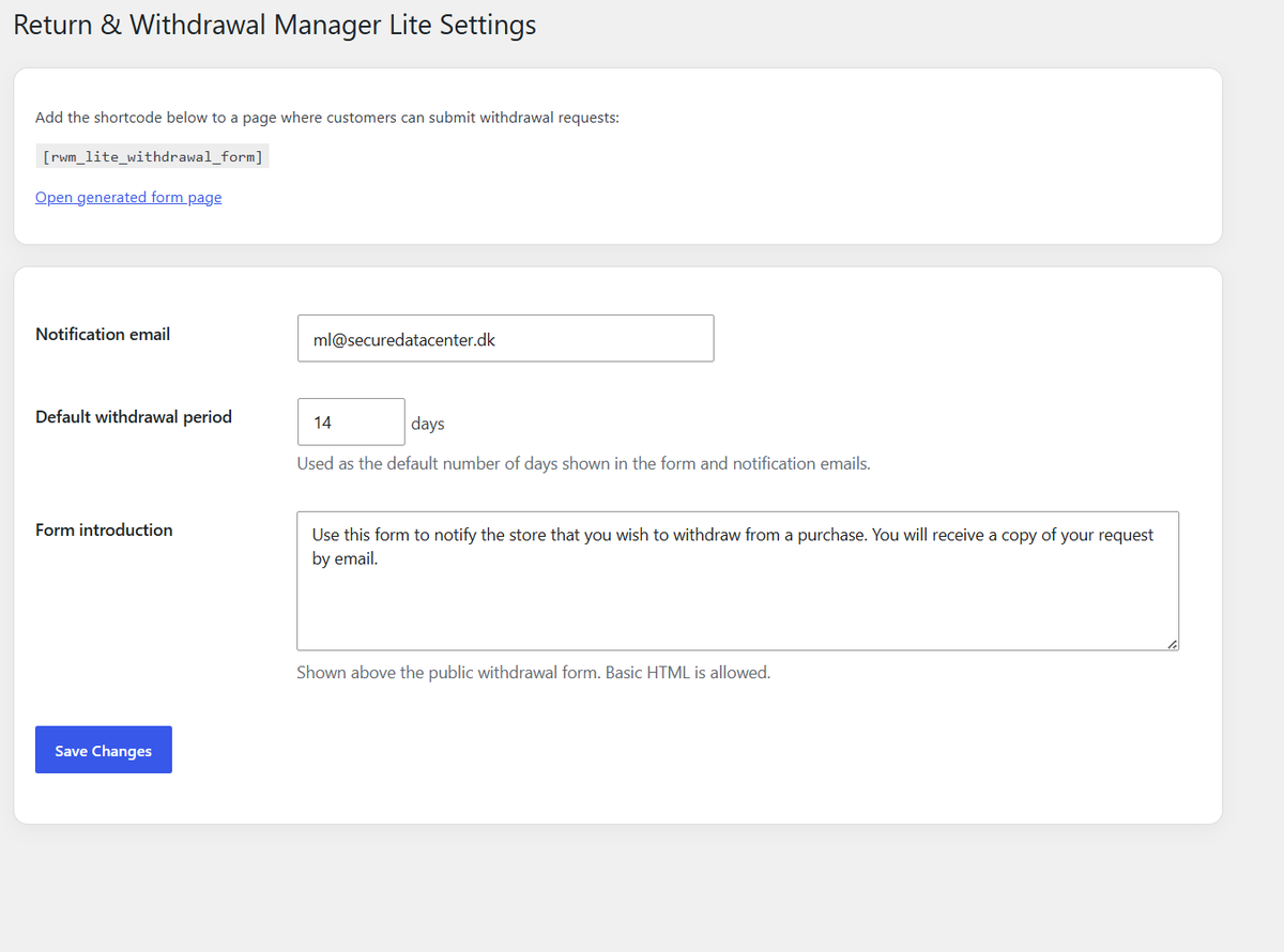 Settings page for notification email, default withdrawal period and form text.