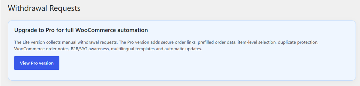 Upgrade information showing the Pro automation option.