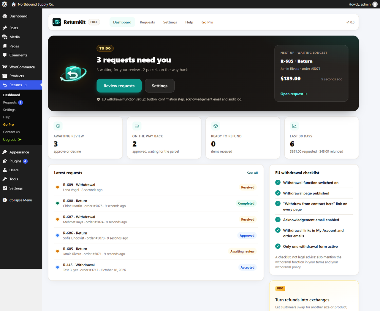 The dashboard, with the EU withdrawal checklist.