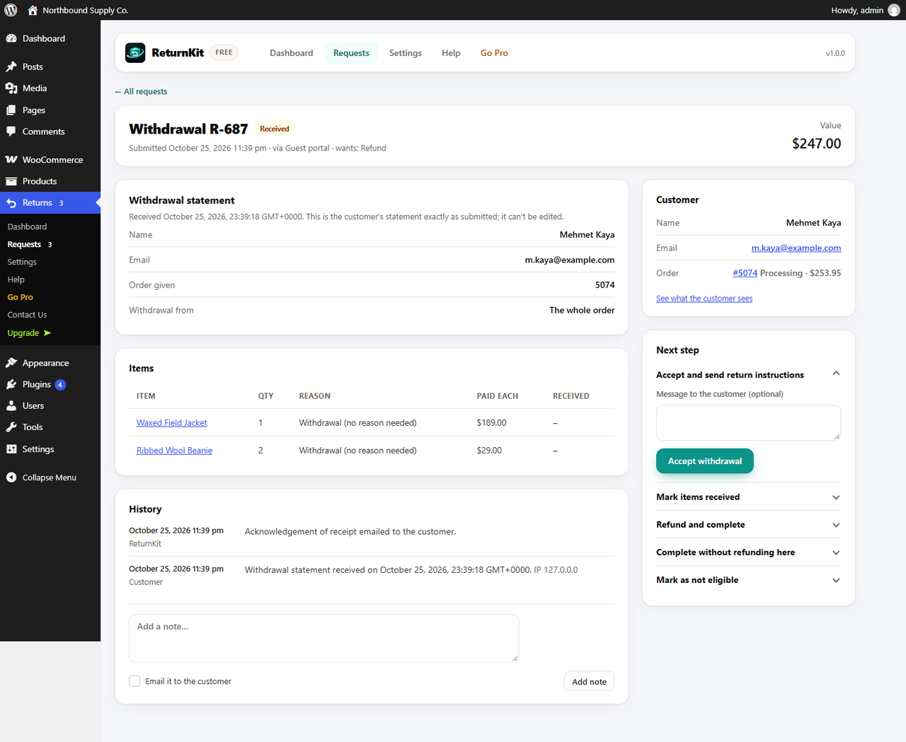 A withdrawal request in wp-admin: the customer's statement and the next steps.